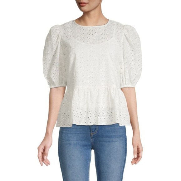 Nanette Lepore Eyelet Peplum Short Sleeve Top. White. Small. Girly Glam, Twee - Picture 1 of 10